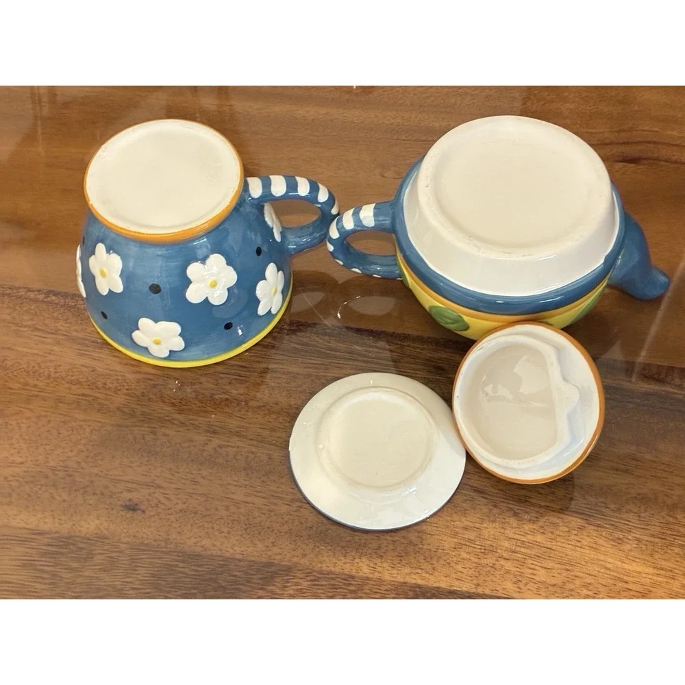 Floral Tea For One 4 Piece Set Stacking Teapot Cup‎ & Teabag Plate Ceramic Gift